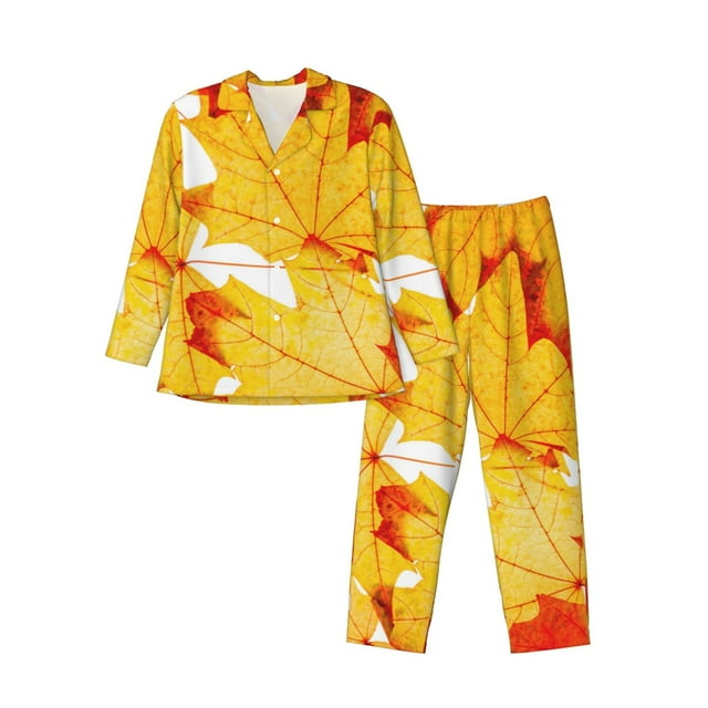 Fotbe Autumn Maple Leaves Pattern Long Sleeve Pajama Set for Men,Sleepwear Set,2-piece Loungewear Set,Soft PJs Comfy Nightwear with Pockets-Large