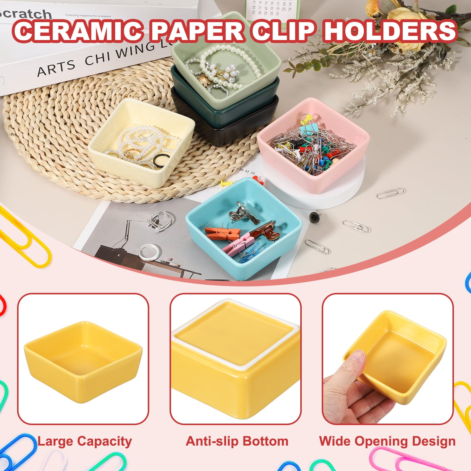 Uxcell Square Paper Clip Holders, 2 Pcs Ceramic Clip Dispenser Organizer Desk Organizer Accessories for Office Desktop Decor Bobby Pin Binder Paper Clamp, Yellow