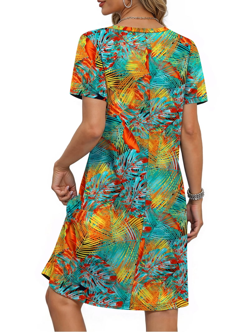 ft casuals dresses Fantaslook Summer Dresses for Women V Neck Short Sleeve Casual T Shirt Dress Beach Sundresses with Pockets, Women's, Size: 2XL, Orange