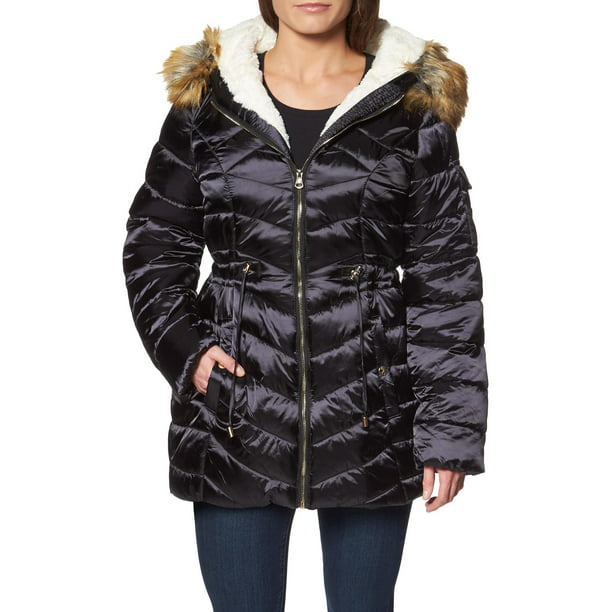 Jessica Simpson Women S Faux Fur Lined, Jessica Simpson Black Faux Fur Trim Hooded Puffer Coat