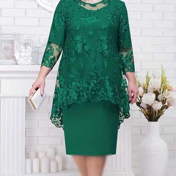 Vestido midi de manga 3/4 sólido de malla de contraste de talla grande, vestido midi elegante bordado de mujer más