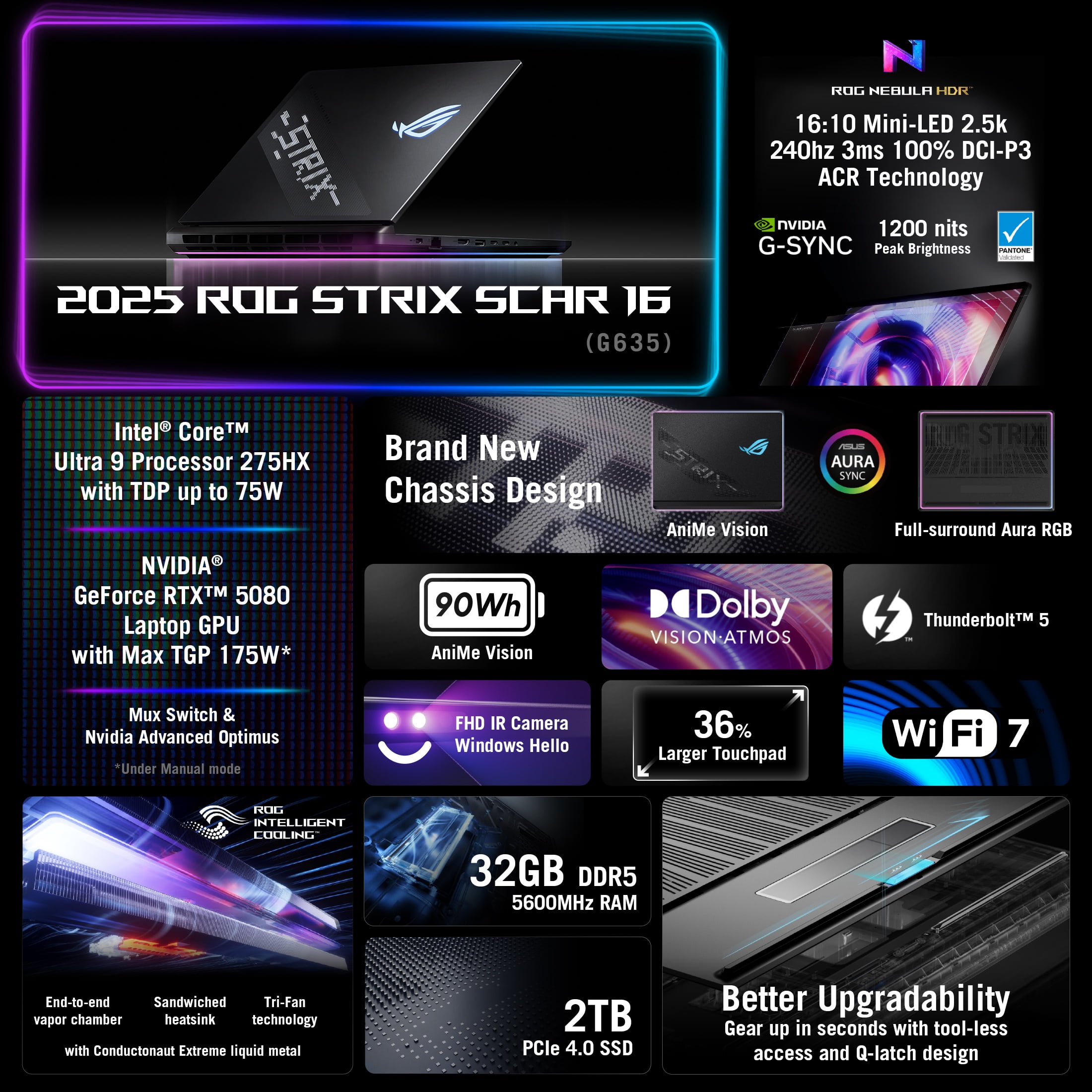 ASUS ROG Strix SCAR 16 (2025) Gaming Laptop, 16” ROG Nebula HDR 2.5K 240Hz, NVIDIA GeForce RTX 5080, Intel Core™ Ultra 9 275HX, 32GB, 2TB SSD, Windows 11 Pro