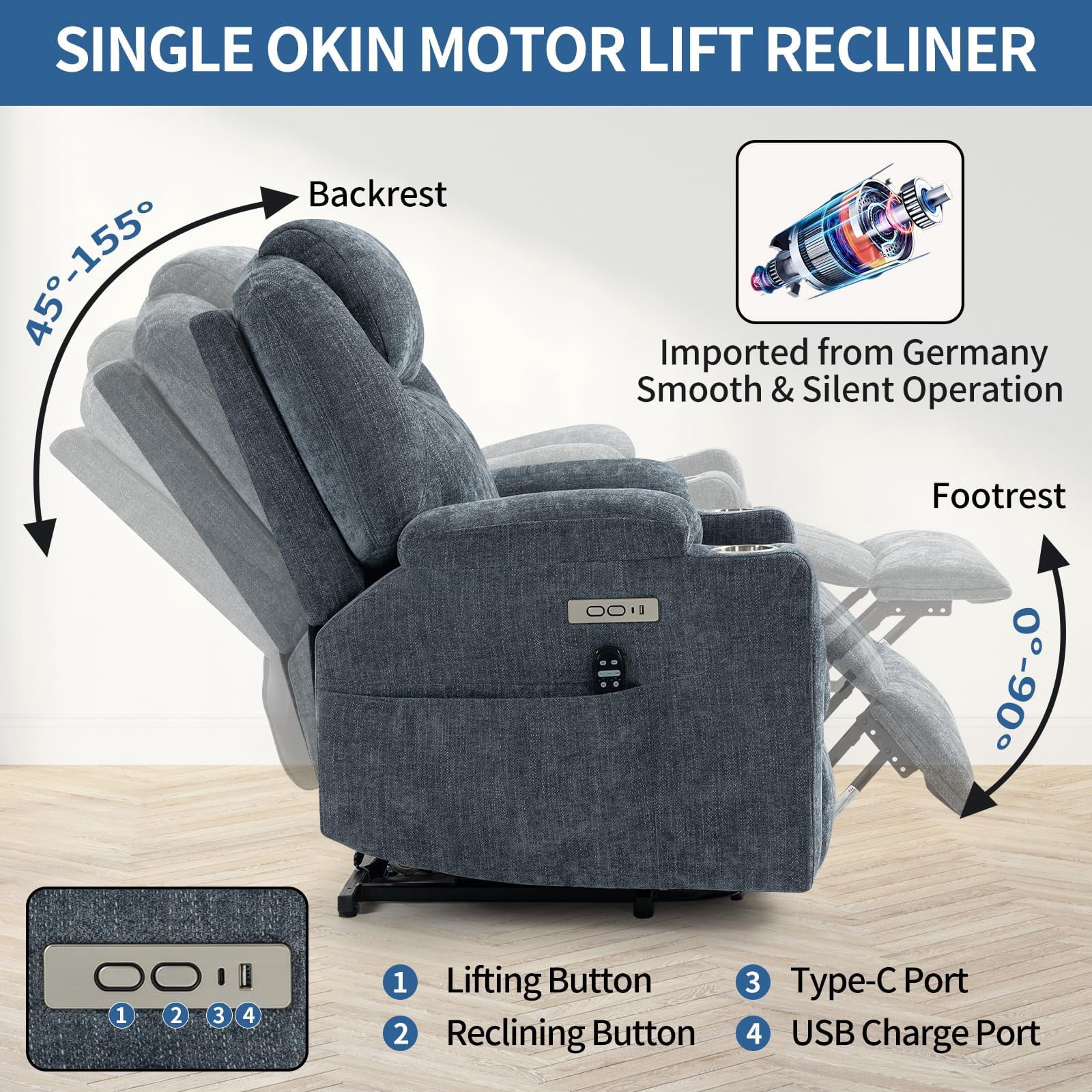 Power Lift Recliner Chair, Electric Lift Recliner for Elderly Reclining Chair with Vibration Massage and Lumbar Heating, Single Sofa with Charging Ports Cup Holders