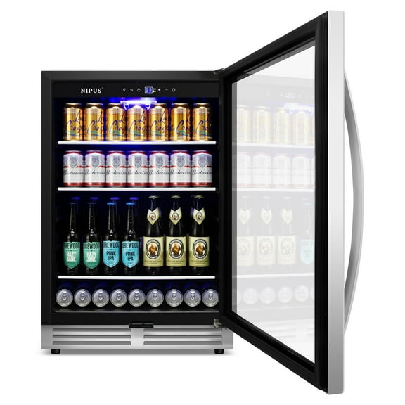 24 Inch Beverage Refrigerator Cooler, 190 Can Built-In and Freestanding with Glass Door, LED Light Safety Lock For Beer, Wine, Soda, Drinks Classic Series