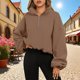 thumbnail image 2 of Sudadera con capucha gris con cremallera,Sudadera polar con media cremallera para mujer, cuello alto, poliéster, manga larga, informal, para usar en casa, sopatenor, 2 of 8