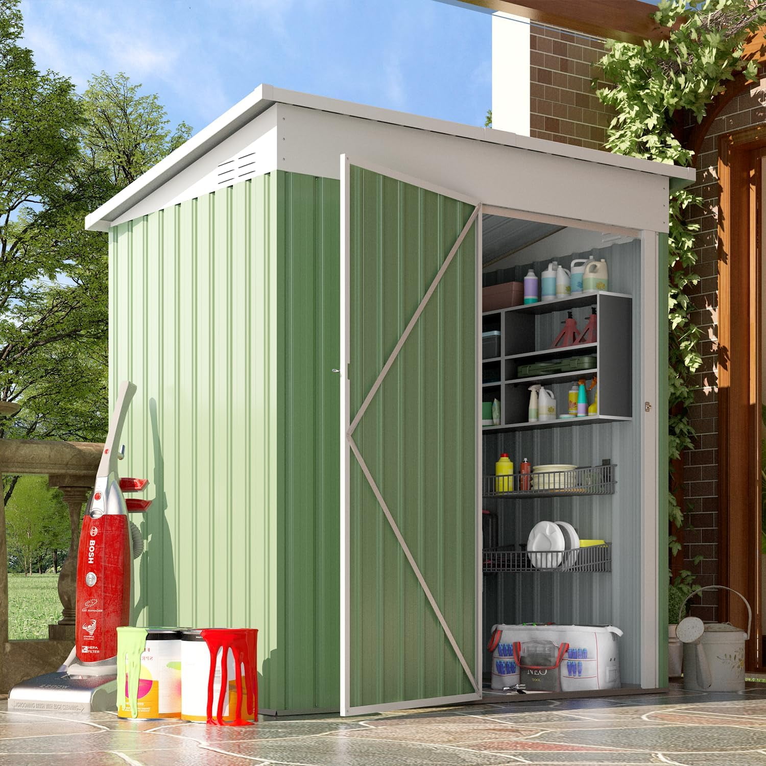 YODOLLA 5 x 3 ft. Outdoor Metal Steel Storage Shed with Sliding Roof & Lockable Door for Backyard, Garden,Green