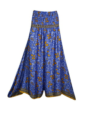 Mogul Women High Waist Wide Leg Long Skirt Pants Recycled Silk Sari Flared Flirty Maxi Split Skirt S/M