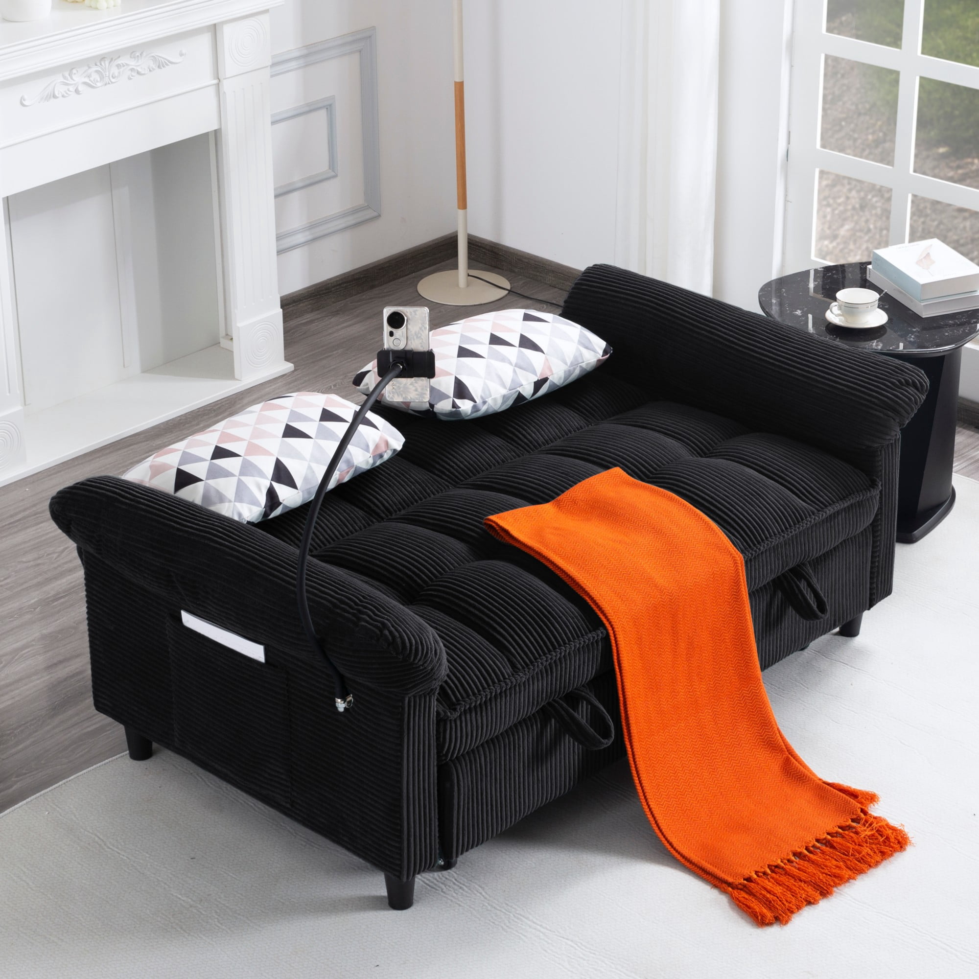 BSHTI 58.27" Corduroy Convertible Sofa Bed with Pull Out Sleeper, 3-Position Backrest, Storage Pocket for Living Room Guest Room, Black（Black）