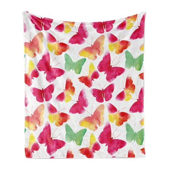 Colorful Soft Flannel Fleece Throw Blanket, Watercolor Butterflies with Large Colored Wings Animal Love Paint Print, Cozy Plush for Indoor and Outdoor Use, 60" x 80", Fuchsia Green, by Ambesonne