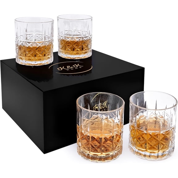 K&K Home Whiskey Glasses Set of 4 - 12 Oz Unique Diamond Pattern Glasses for Whiskey, Scotch, Bourbon, and Cocktails