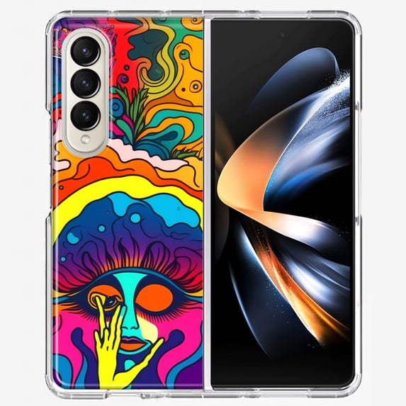 MUNDAZE Samsung Galaxy Z Fold 4 Shockproof Clear Hybrid Protective Phone Case Neon Rainbow Psychedelic Trippy Hippie Big Brain