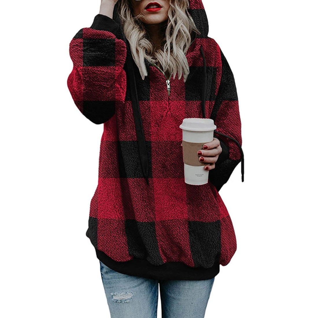 Womens Sherpa Pullover Buffalo Plaid 