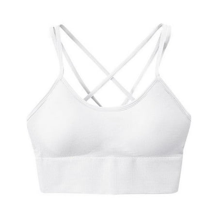 

Lovskoo Women Wireless Strappy Sports Bralette with Support Cross Back Smoother Bras Nude Lightly Lined Medium Support Yoga Padding Removable Cup Comfort Brassiere White