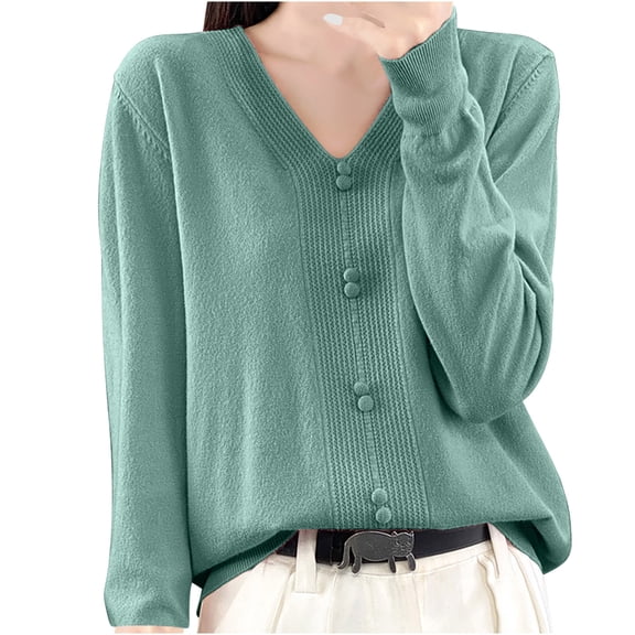 Fesfesfes Women's Casual Blouses Leisure Temperament Solid Color V-Neck Long Sleeved Tops Ribbed Neckline Cuffs Button-Front Knit Sweater(Mint Green,2XL)