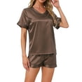 thumbnail image 4 of INSPIRE CHIC Women's Lounge Set V Neck Soft Contrast Color Short Sleeve and Shorts Set Pajama Set L Brown, 4 of 6
