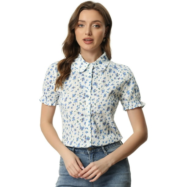 Camisa de algodón Allegra K con volantes en la parte superior y cuello vuelto para mujer Azul XL