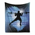thumbnail image 1 of Fitness Soft Flannel Fleece Throw Blanket, Silhouette of Weightlifter on Abstract Backdrop with Stars Champion, Cozy Plush for Indoor and Outdoor Use, 50" x 70", Pale Blue Black White, by Ambesonne, 1 of 6