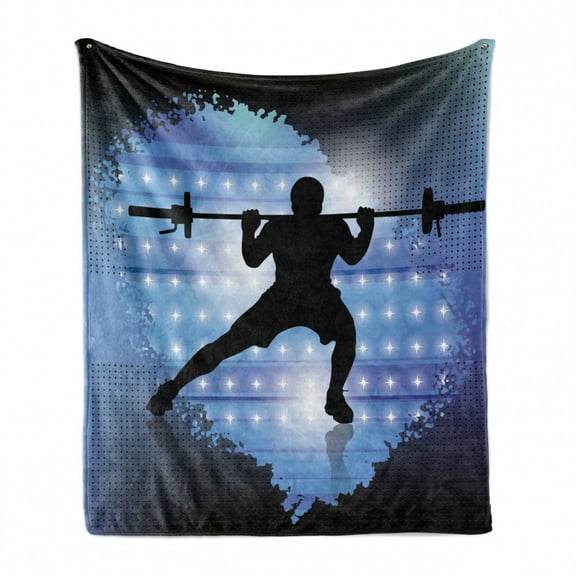 Fitness Soft Flannel Fleece Throw Blanket, Silhouette of Weightlifter on Abstract Backdrop with Stars Champion, Cozy Plush for Indoor and Outdoor Use, 50" x 70", Pale Blue Black White, by Ambesonne