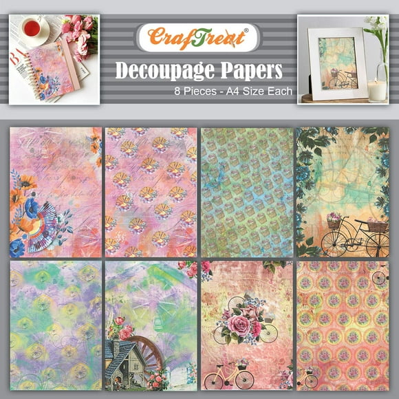 crafTreat Floral Decoupage Paper Vintage - Wheel Fan and cycle - Size: A4 (83 x 117 Inch) 8 Pcs - Decoupage Paper for Wood, crafts, Scrapbooking and Furniture