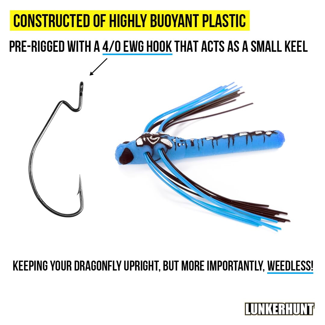 (2 pack) Lunkerhunt Dragonfly Lure with Double Skirted Wings | Perfect Topwater Fishing Lures for Bass, Trouth and Pike, Weedless Bait (Dasher)