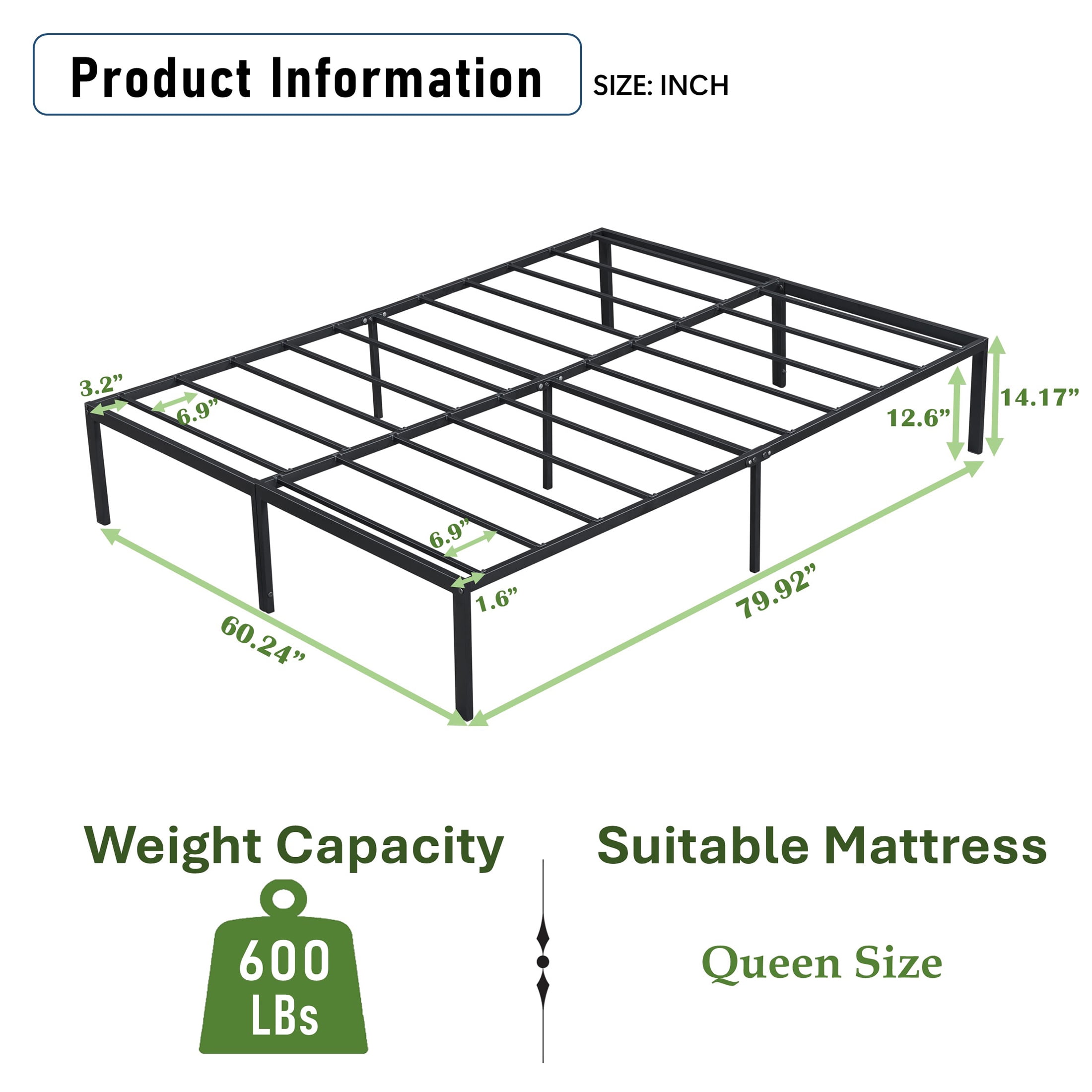 Aukfa Platform Metal Queen Size Bed Frame, 14 Inch, 600 lb Capacity, Noise Free, Black