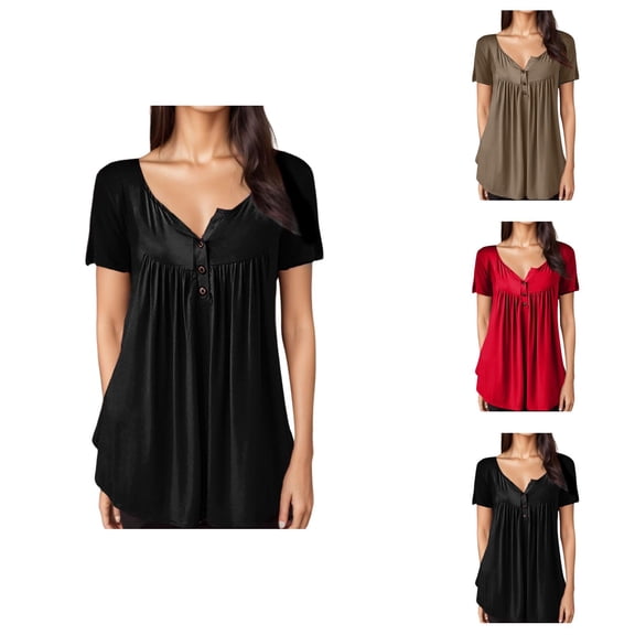 Short Sleeve Blouses for Women Summer Casual V Neck Pleated Flowy Loose T Shirts Dressy Casual Shirt