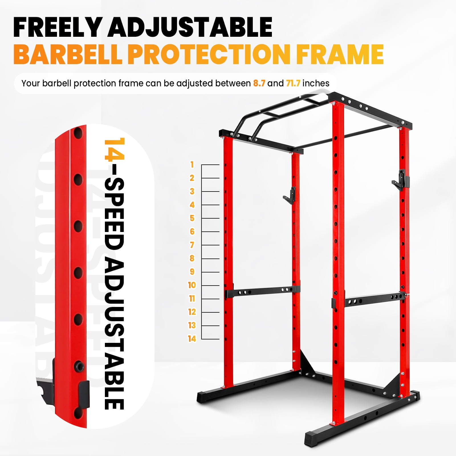 Red Adjustable Power Cage, 1200 LBS Capacity Multi-Functional Squat Rack with 14 Holes, J-Hooks and Anti-Slip Base for Home Strength Training
