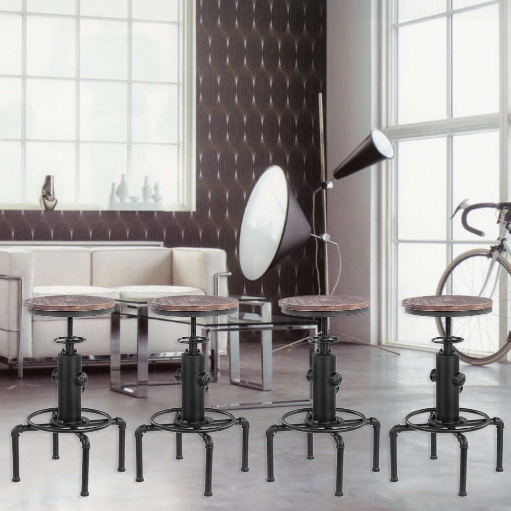 iKayaa Adjustable Industrial Bar Stool Metal Swivel Pinewood Top