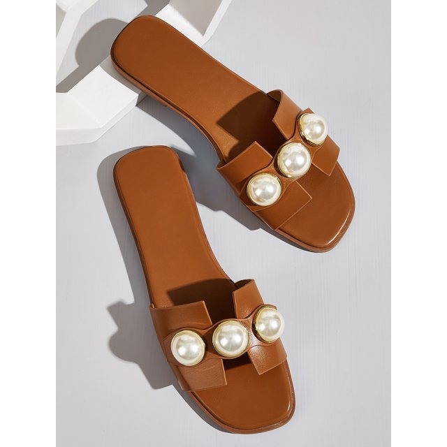 Fashion Brown Slide Sandals For Women, Faux Pearl Decor Cut Out Design Sandals