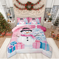 Manfei Winter Kawaii Snowman Bedding Comforter Set, Merry Christmas Twin Comforter Sets, Pink Blue Gifts Reversible Bedding Set, Breathable Home Decor, 2pcs