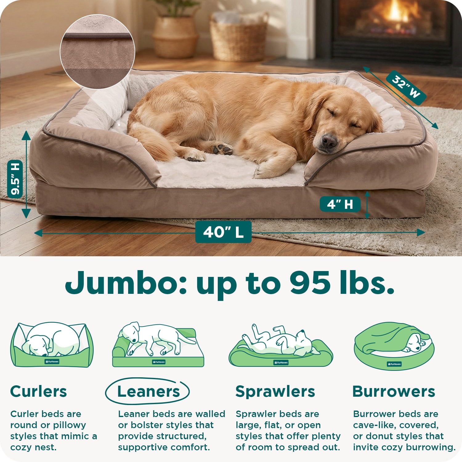 FurHaven Perfect Comfort Sofa Orthopedic Dog Bed for Large Dogs, Memory-Top Foam with a Solid Orthopedic Foam Base for Joint Support, Removable Washable Cover, Jumbo XL, Plush & Velvet, Brownstone