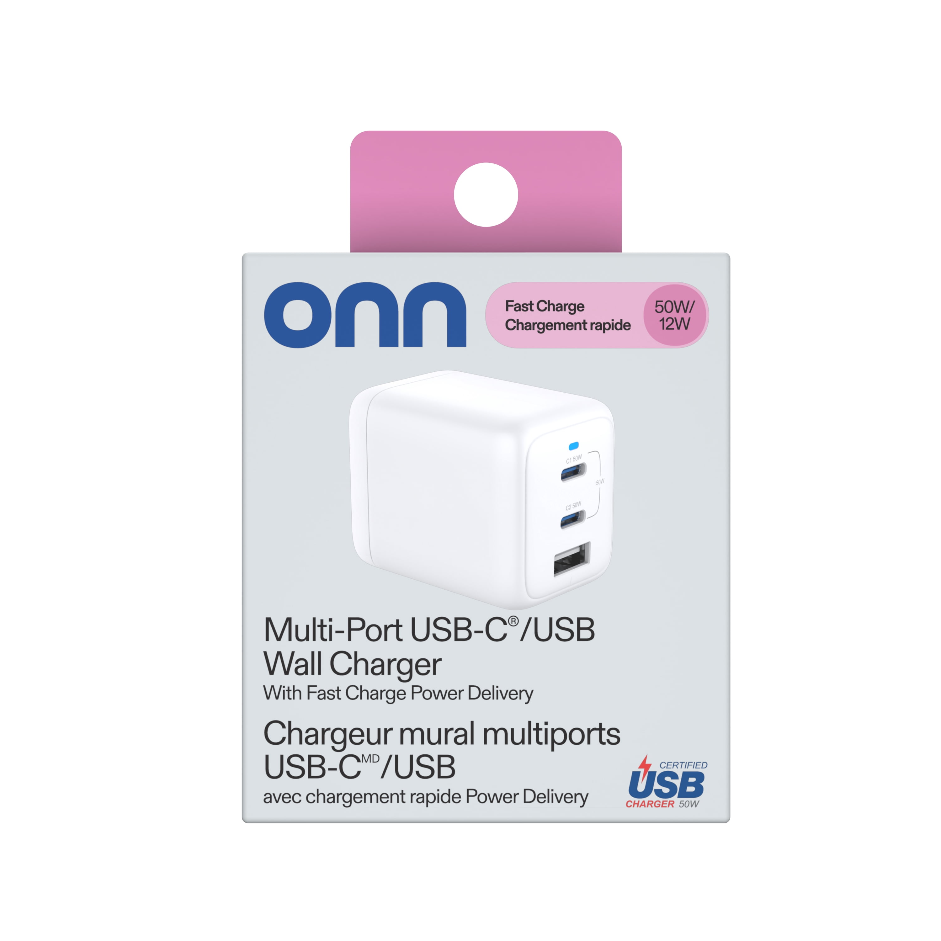 Chargeur mural multi-ports onn 62 W, ​​charge rapide, USB-C/USB-A, certifié USB-IF, prise pliable, blanc