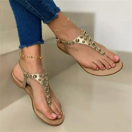 

NECHOLOGY T Strap Sandals for Women Buckle Summer Beach Casual Rhinestone Sandals Shoes Sunflower Sandals for Women Gold 6.5
