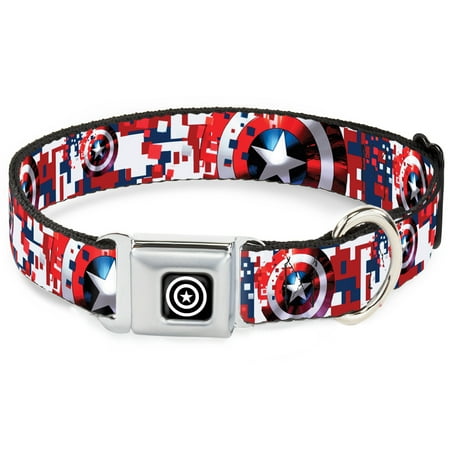 Marvel Comics Pet Collar Dog Collar Metal Seatbelt Buckle Captain America Shield Digital Camo Blue White Red 11 to 16.5 Inches 1.0 Inch Wide