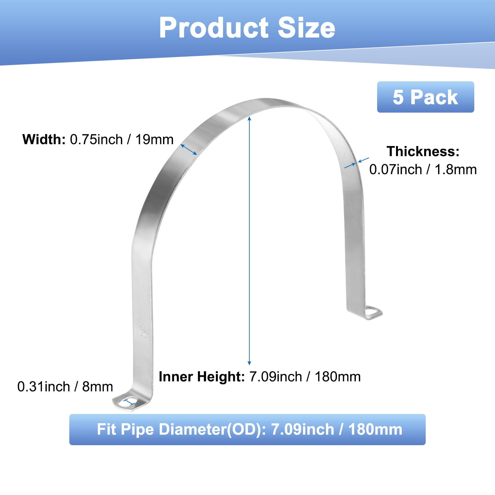 Uxcell 5-Pack Conduit Clamps, 7-1/8" 304 Stainless Steel Rigid Pipe Strap M180 U Bracket Pipe Clamps for Plumbing
