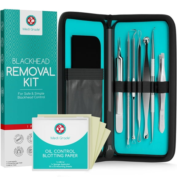 Medi Grade Blackhead & Pore Cleansing Kit with Oil Control Blotting Paper [50 Sheets] – Stainless Steel Skincare Tools for Clear, Smooth Skin