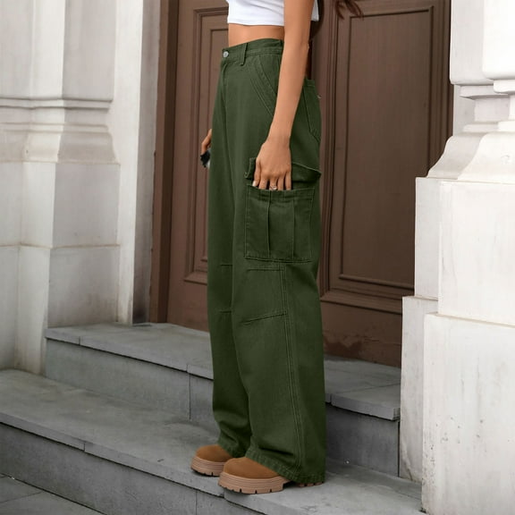 Ailaofu Women's High Waisted Cargo Pants Straight Wide Leg Pants with Flap Pocket Baggy Cargo Pants Relaxed Fit Y2K Pants