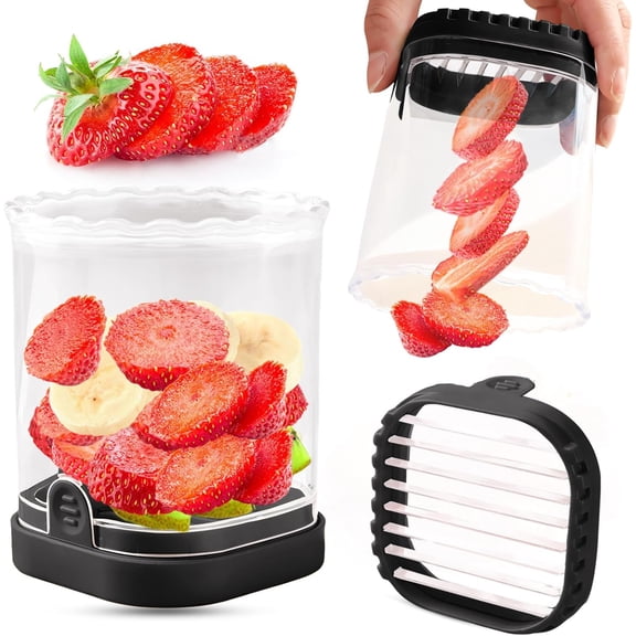 Fruit Slicer Cup | Strawberry Slicer | Banana Slicer | Grape Cutter | Egg Slicers | Detachable Fruit Cutter Slicer with Push Plate | Creative Strawberry Slicer Kitchen Gadget (Black)