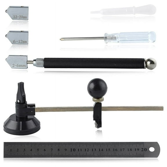 7 PCS Glass Cutter Tool Set Includes Adjustable Circular Glass Cutter with Round Knob Handle and Suc Metal