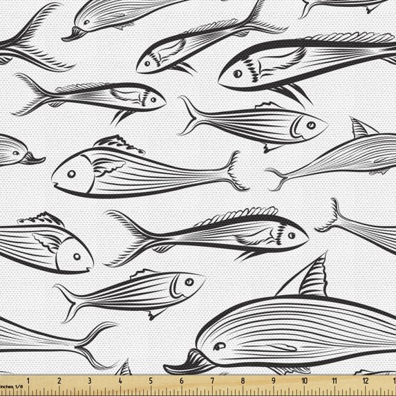 Fish Fabric by the Yard, Monochrome Minimalistic Sketch of Underwater Life Fish in Flow Illustration, Decorative Upholstery Fabric for Sofas and Home Accents, Charcoal Grey White by Ambesonne
