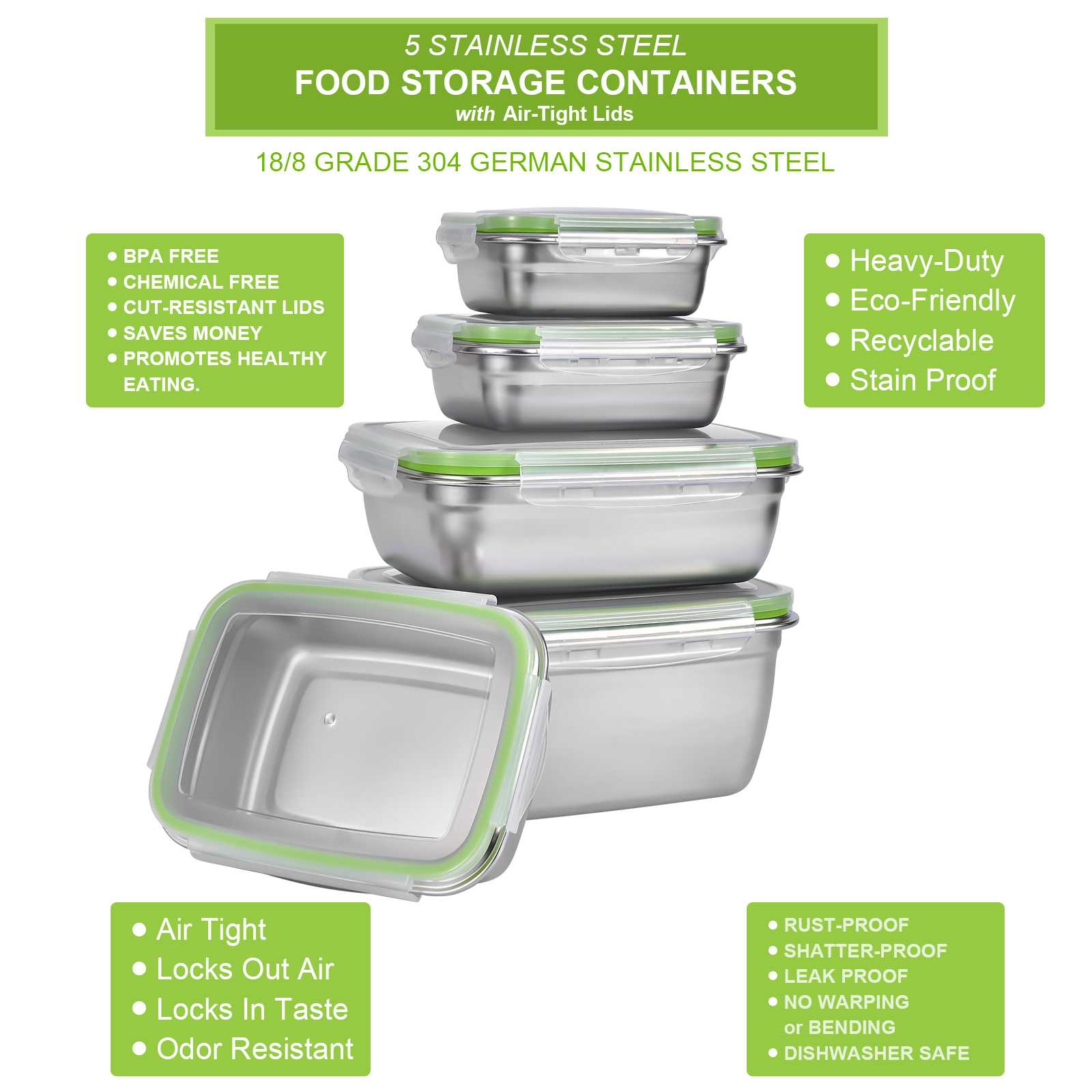UPTRUST Stainless Stainless Steel Food Storage Containers | Leak Proof & Airtight Lids | Set of 5 Containers BPA Free that are Dishwasher & Freezer Safe, Green