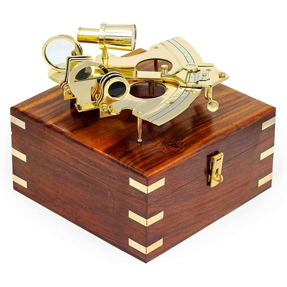 Nagina International Pirate's Nautical Ship Decor Brass Polished Sextant with Decorative Anchor Inlaid Wooden Case | Maritime Replica Collectibles Decor