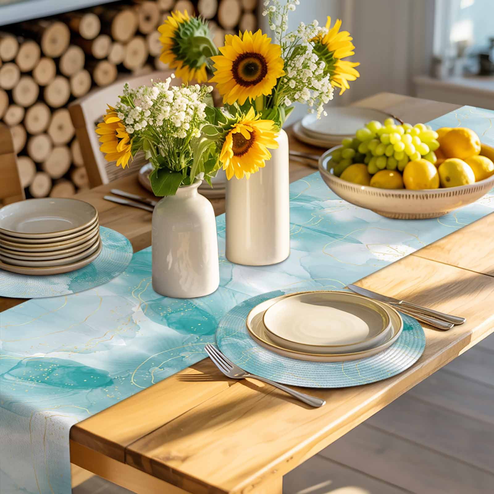 Abstract Coastal Round Table Placemats set of 6, Blue Green Gold Lines Washable Woven Place Mats for Dining Tables Kitchen Party Decor,Heat Proof, 13in,