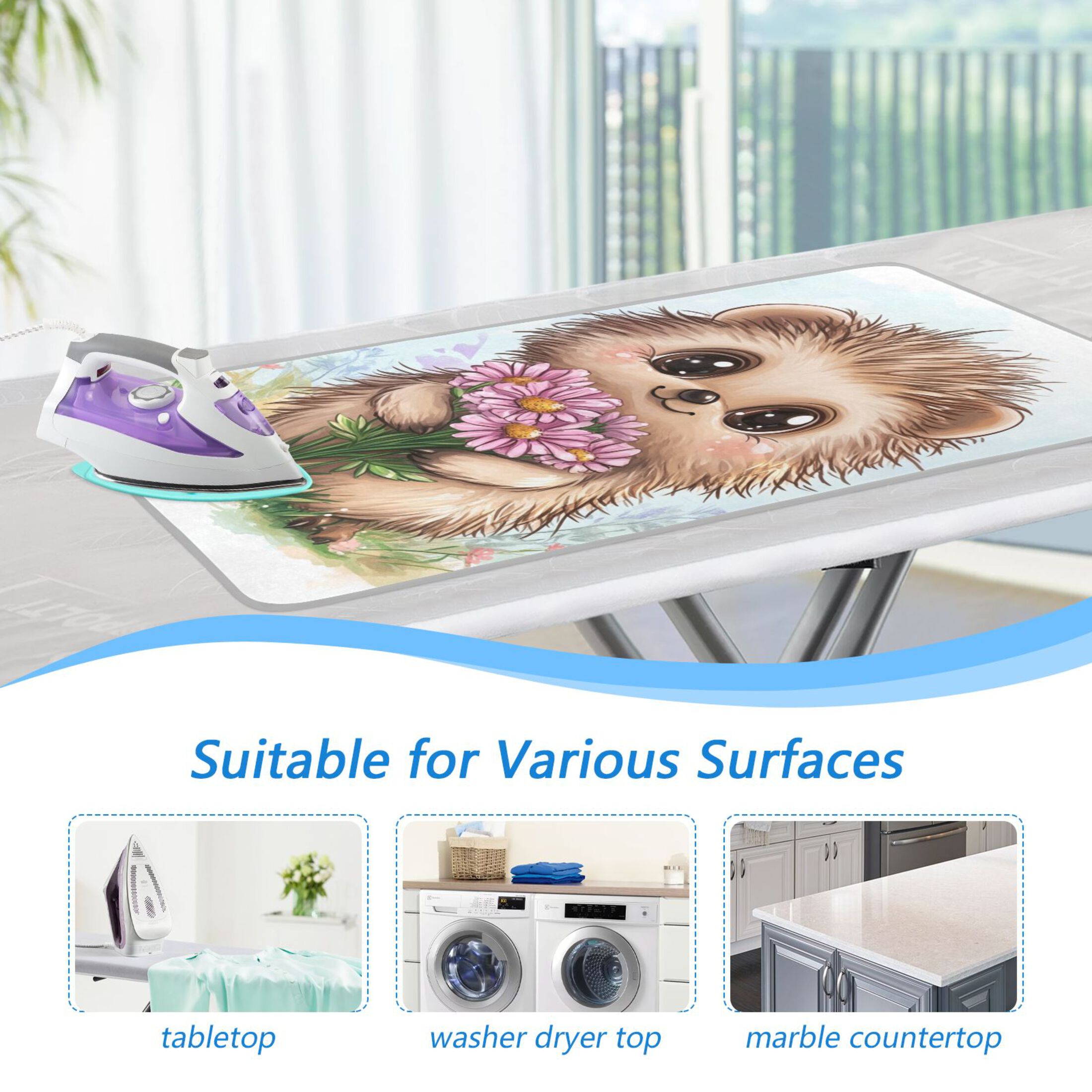 Cute Hedgehog with Big Eyes Ironing Mat Blanket for Table Top Travel Portable Ironing Board Pad 47.2x27.6 Inch