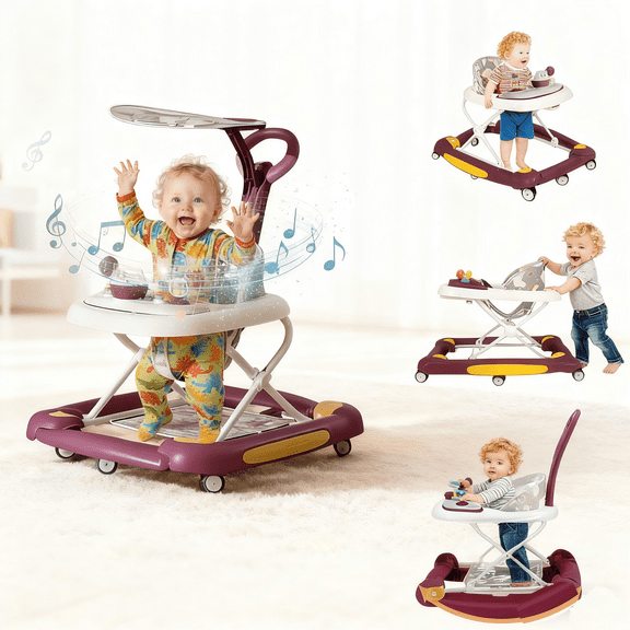 SHIBAILI 6-in-1 Activity Walker & Table - Multi-Function Center,Bouncer,Tray & Music,Red (6  Months)