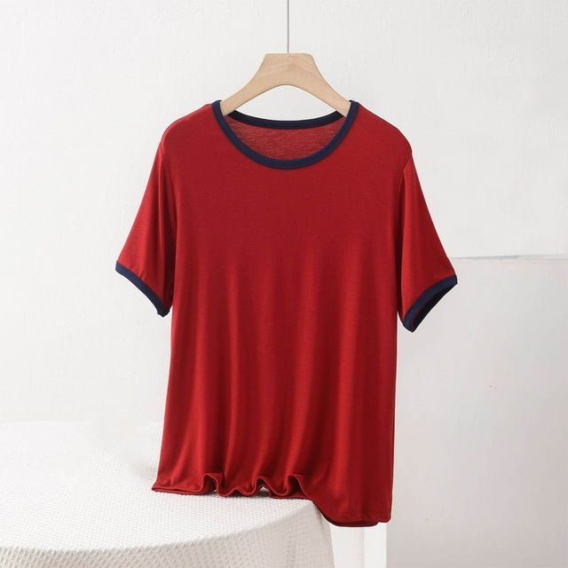 Jienlioq Hauts d'Entraînement pour Femmes Mode Féminine Surdimensionnée Décontractée Col Rond Couleur Unie Manches Courtes Blouse Col Rond Vin XXXXXL