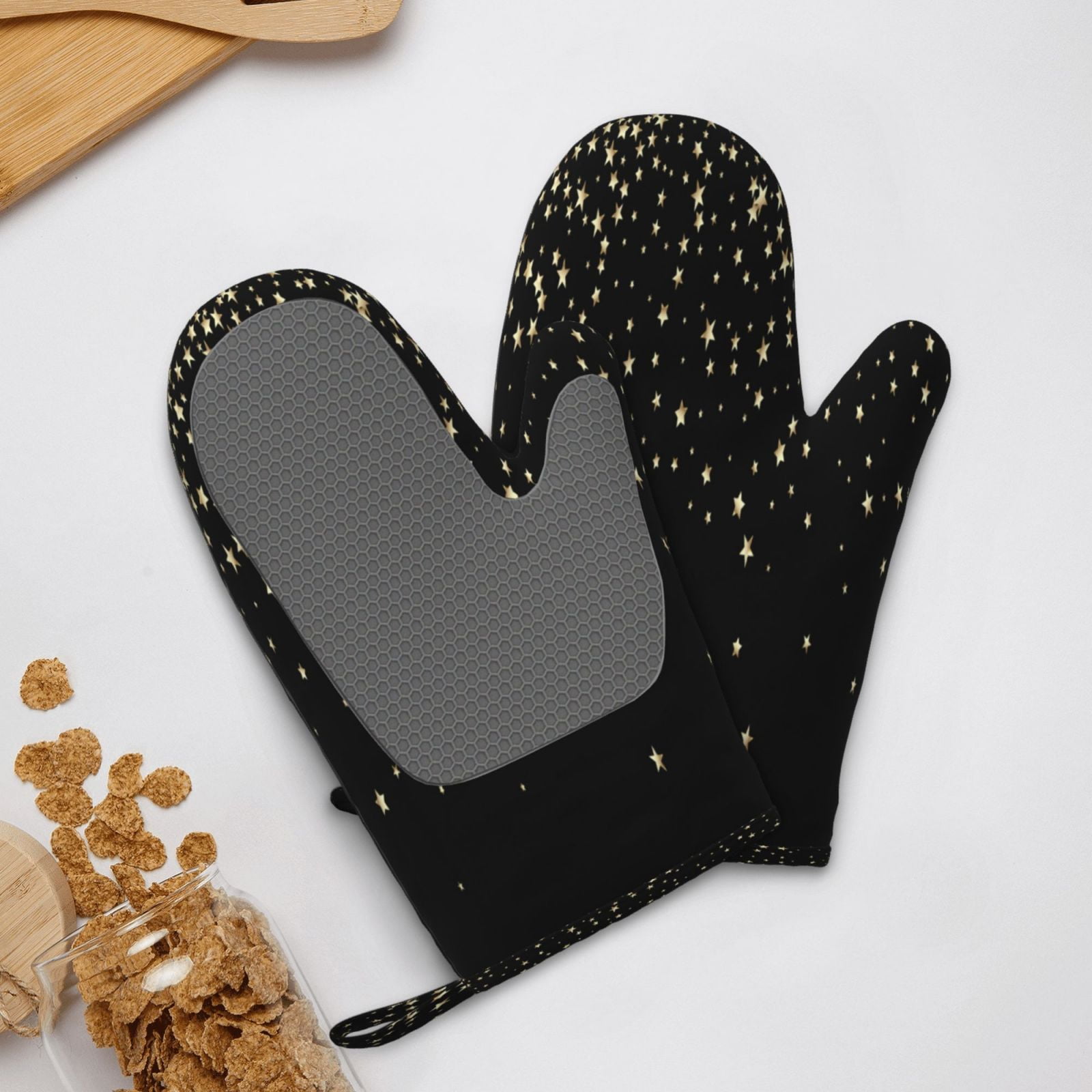 Hirioo Star Silver Glitter for Silicone Oven Mitts for BBQ, Baking, Cooking, Set of 2, Heat Resistant 260℃, Non-Slip Kitchen Essentials