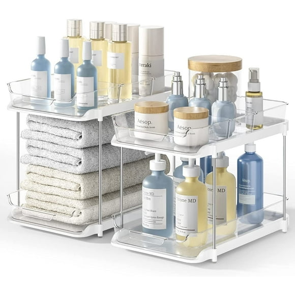 Delamu 2 Pack Set Under Sink Organizers and Storage, 2 Tier Sliding Bathroom Sink Organizer, Multi-Use Under Kitchen Cabinet Storage Shelf (S&L), Transparent