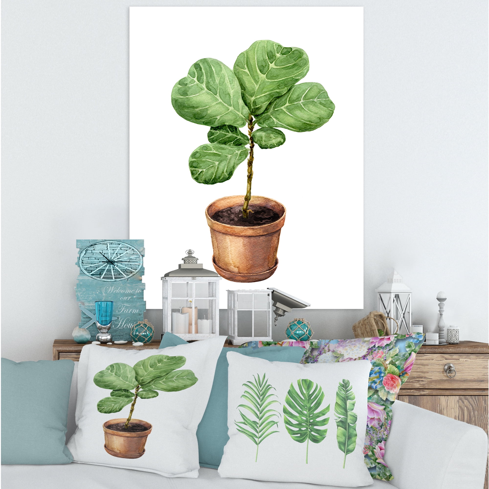 Ficus Lyre Plant In Clay Flowerpot 16 in x 32 in Painting Canvas Art Print, by Designart