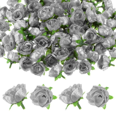 Uxcell 50 Pack Artificial Roses Heads 1.2'' Small Silk Faux Rose Head for Wedding Bouquet Party Decorations Silver Tone